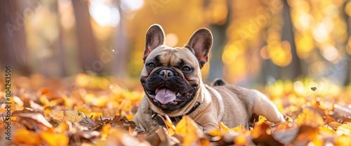 cute  friendly French bulldog playing in autumn park