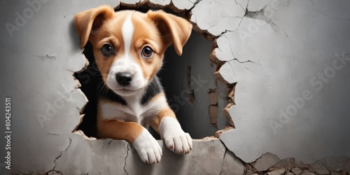 Dog looking from cracked wall photo