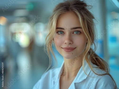 A female doctor in a white coat  standing in a hospital