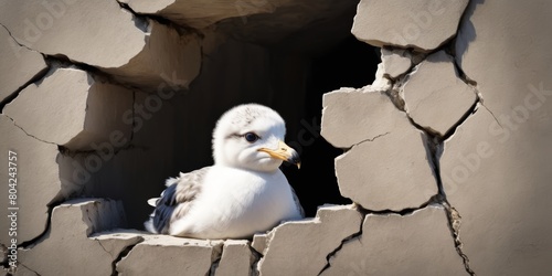 Baby seagull looking from cracked wall photo