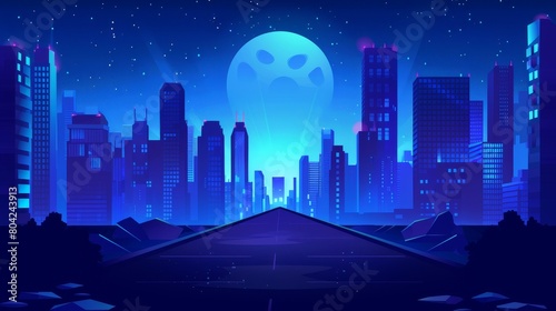 At night, a road leads to a modern city with high buildings. The darkness of the sky shows a dark blue panoramic urban landscape with neon lights along the road. Stones line the road in a roadside