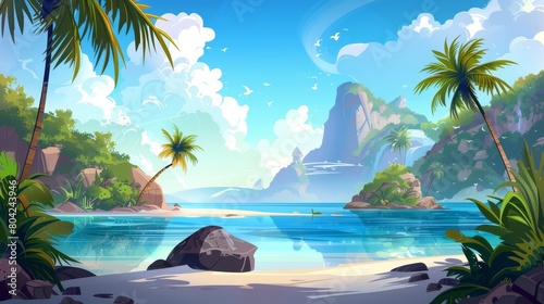 Cartoon modern empty shore scene with summer tropical lagoon scenery showing calm sea or ocean water  sand beach  stone and palm trees with coconuts and rocky mountains in the distance.