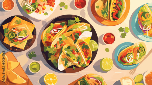 Composition with tacos and tasty guacamole in bowl