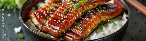 A bowl of teriyaki glazed eel over rice garnished with sesame seeds and scallions photo