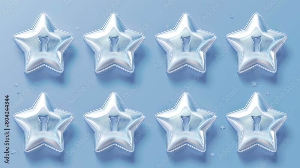 Stars set in silver isolated on blue background. Modern illustration of sparkling gray icons, scores, ranking progress reward, military buttons, GUI design elements. Stars set in silver isolated on blue background. Modern illustration of sparkling gray icons, scores, ranking progress reward, military buttons, GUI design elements.