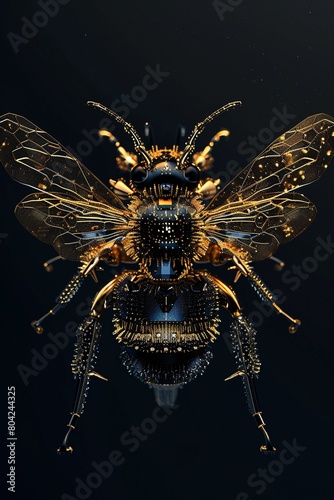 Close-up of a bee with golden details on a black background