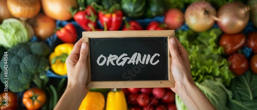 Hands holding a chalkboard with the word organic in front of a vibrant display of fresh vegetables