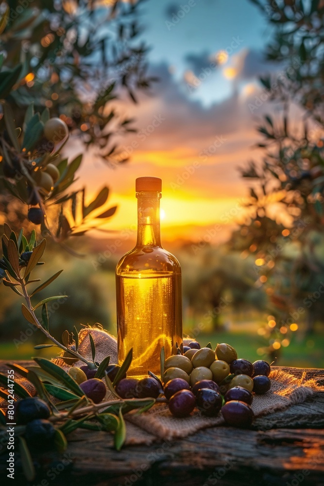 Olive oil bottle surrounded by fresh olives on a rustic wooden table during sunset Olive oil bottle surrounded by fresh olives on a rustic wooden table during sunset