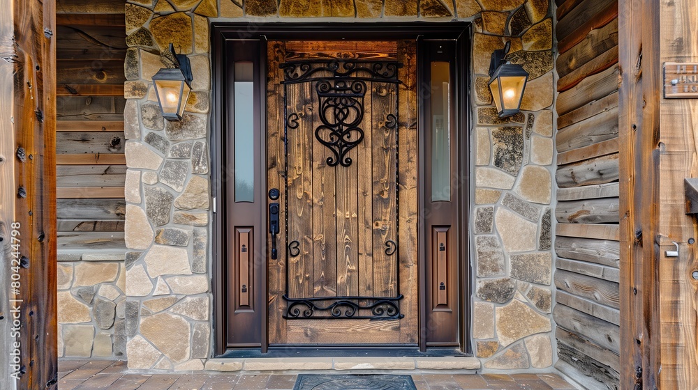 © Aeman - A rustic wooden entrance door with ironwork details and stone wall accents