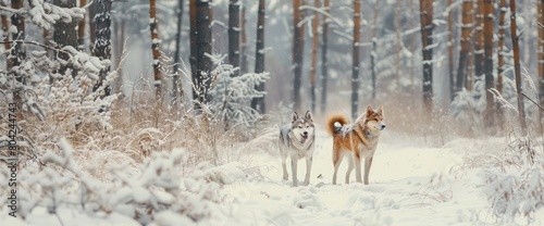 Dog Bobtail and Siberian husky  for a walk in the woods. Snow in the woods.