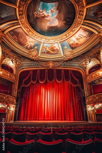Ornate theater with red curtains and plush seating centered focus