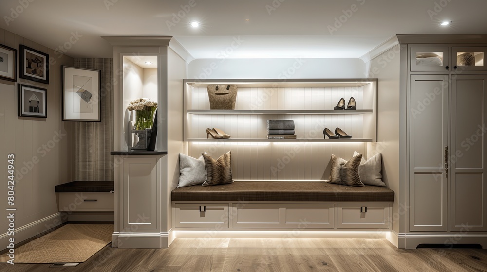 A sleek and elegant mudroom with built-in storage and a hidden shoe polishing station A sleek and elegant mudroom with built-in storage and a hidden shoe polishing station