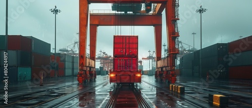 Managing a large shipping container at a shipyard terminal. Driver loading the container with the handling equipment.