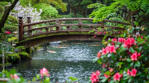 Tranquil Japanese garden bridge over a koi pond photo