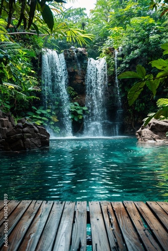 Tropical waterfall cascading into a serene pool foreground wooden deck