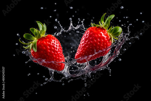 strawberries mid-air, seemingly suspended above a body of water, black background
