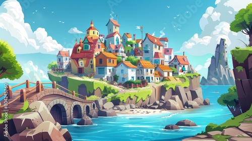 An illustration of a little city with multistorey buildings on cliffs or rocky beaches in a harbor. Modern summer sunny day illustration of a natural landscape with a wooden bridge leading to a photo