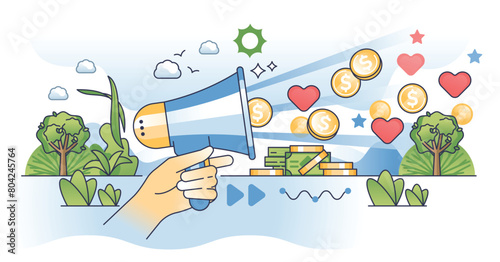 Nonprofit fundraising campaign with money gathering outline hands concept. Public activities for financial donation awareness vector illustration. Social media ads and advertisement to raise cash.