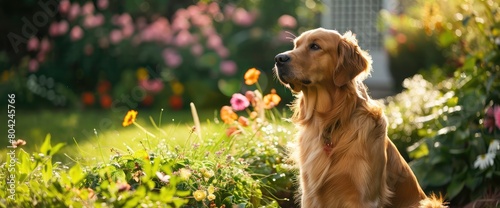 Dog sitting in garden photo