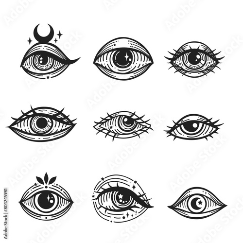 Evil eye set. Eye of Providence. Lineart Vector illustration. Magic celestial witchcraft symbol. Masonic symbol. Hand drawn logo or emblem photo