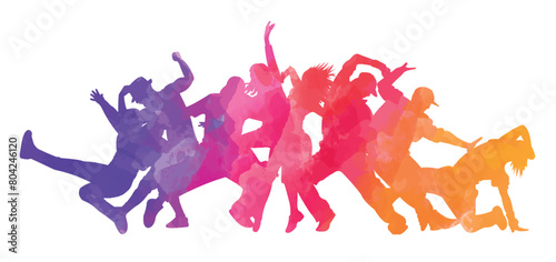 Detailed vector illustration silhouettes of expressive dance colorful group of people dancing. Jazz funk, hip-hop, house dance. Dancer man jumping on white background. Happy celebration	
