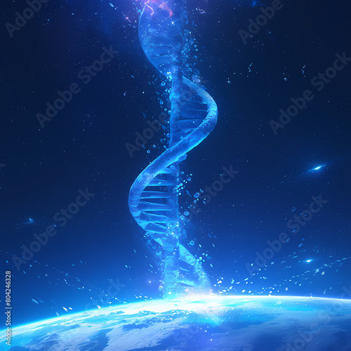 Vibrant DNA Double Helix Illustration with Blue Nebula Background - A Stunning Scientific Visualization