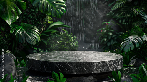 An elegant black stone product display podium, with green tropical leaves in the background. Generative AI.