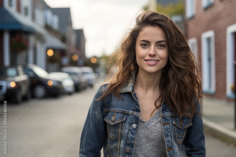 Portrait of a glad woman in her 30s sporting a rugged denim jacket in front of charming small town main street