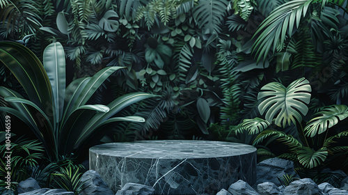 An elegant black stone product display podium, with green tropical leaves in the background. Generative AI.