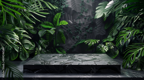 An elegant black stone product display podium, with green tropical leaves in the background. Generative AI.