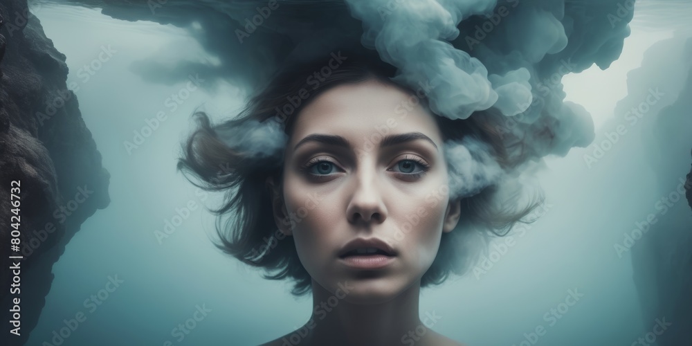 Woman with cloud instead of head, Human mind concept Woman with cloud instead of head, Human mind concept