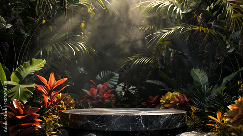 An elegant black stone product display podium, with green tropical leaves in the background. Generative AI.