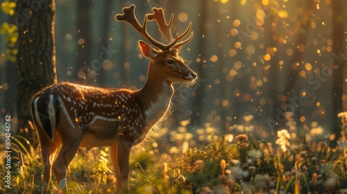 A beautiful deer stands in a sunlit forest