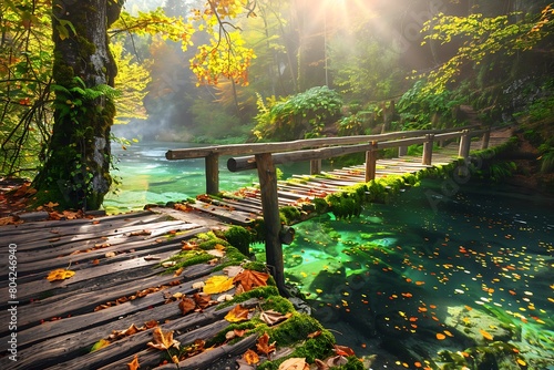 Weathered wooden bridge with moss accents, spanning a crystal-clear stream, sunlight filtering through vibrant autumn leaves