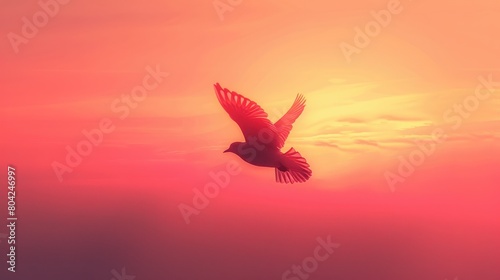 A bird is flying in the sky. The sky looks pink and the bird looks black.