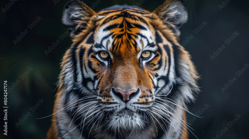 Majestic close-up portrait of a tiger featuring a direct stare and exquisite detail in its fur pattern against a dark background. Majestic close-up portrait of a tiger featuring a direct stare and exquisite detail in its fur pattern against a dark background.
