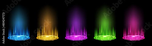 Color hologram effect and portal set. Magic fantasy portal with neon round blue, yellow, pink, purple and red glow ray night. Magic circular podium for teleportation with a hologram effect. Vector