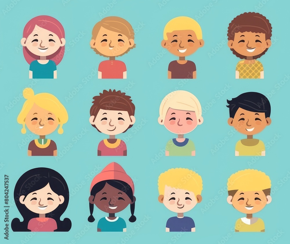 Diverse Cartoon Children Faces Avatar Collection on Blue Background Diverse Cartoon Children Faces Avatar Collection on Blue Background