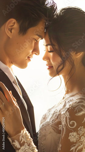 closeup of an asian couple in love at a wedding photo