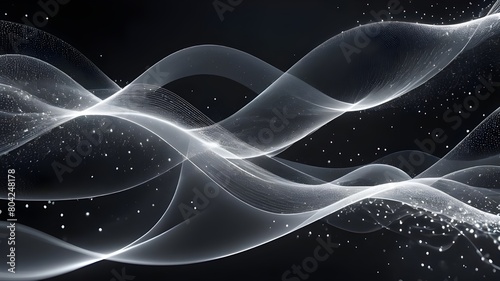 Digital abstract background of gray lines shaped in random waves with small shiny particles in a dark background