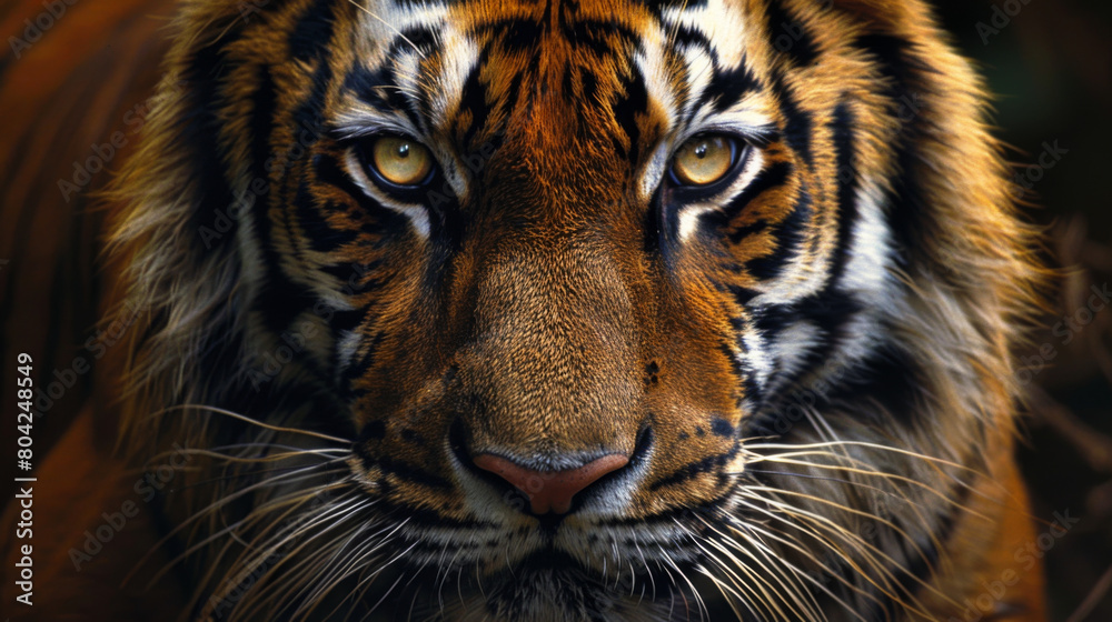 Deep close-up of a tiger's face, showcasing intense eyes and striking orange and black stripes.