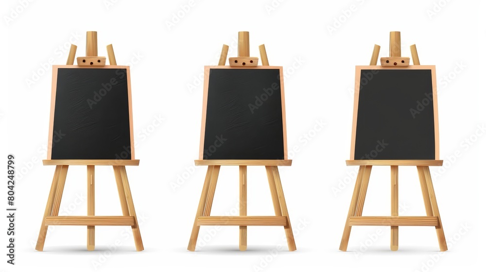 A set of black and brown wooden easel stands isolated on white background. Modern realistic illustration for canvas, front view, art studio or painting school. A set of black and brown wooden easel stands isolated on white background. Modern realistic illustration for canvas, front view, art studio or painting school.