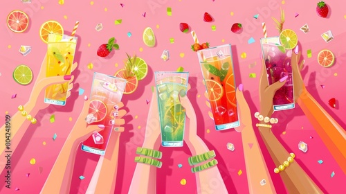 Illustration set of human arms holding glasses of alcohol cocktails for a celebration or party concept. Cartoon modern illustration of human arms holding glasses for drinking drinks.