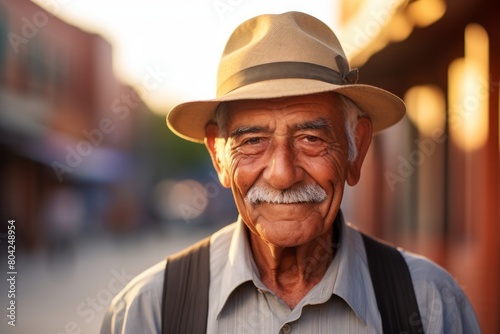 Portrait of a glad indian elderly man in his 90s donning a classic fedora on charming small town main street