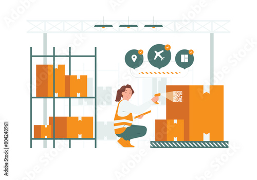 Female employee work sorting at retail warehouse logistics transportation product distribution center concept illustration
