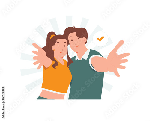 Woman and man gesturing welcome sign, smiling while standing, extending hands wanting hug cuddle, welcoming concept illustration