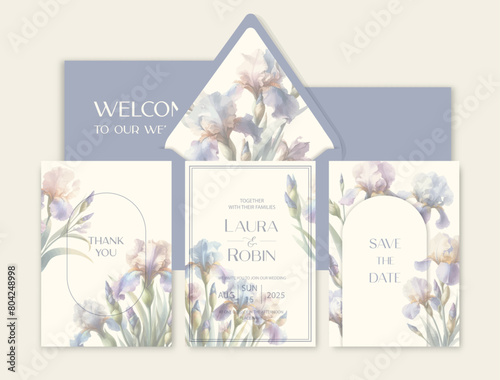 Luxury wedding invitation card background with watercolor iris flowers and botanical leaves.