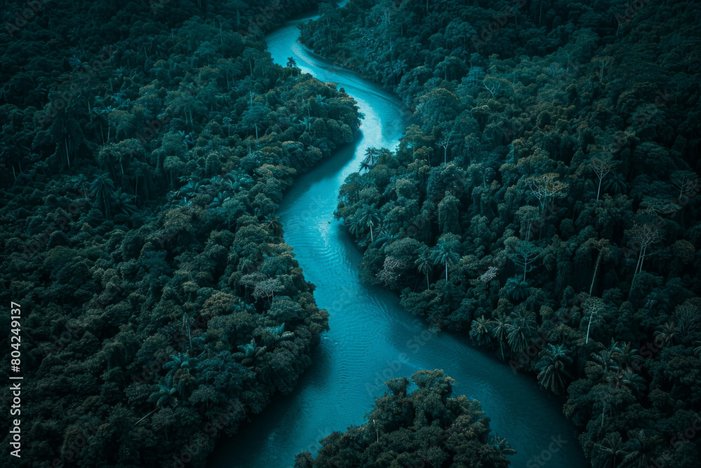 Aerial view of a blue river passing through dense rainforest