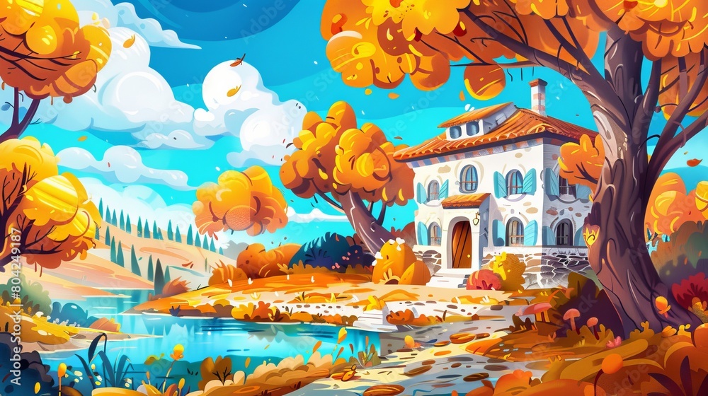 A fall village landscape with a house and tree scene. View of the Mediterranean countryside building panorama in the background. A winter vacation park in the harbor in Spain or Italy.