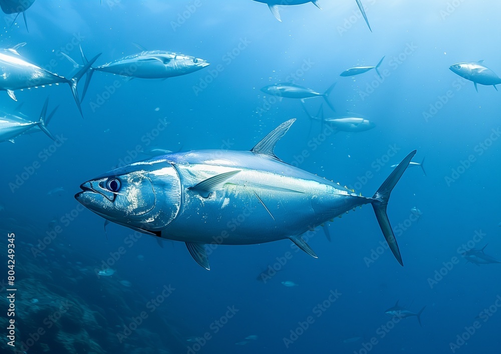 Majestic Blue Tuna Fish Swimming Gracefully in Sunlit Ocean Waters